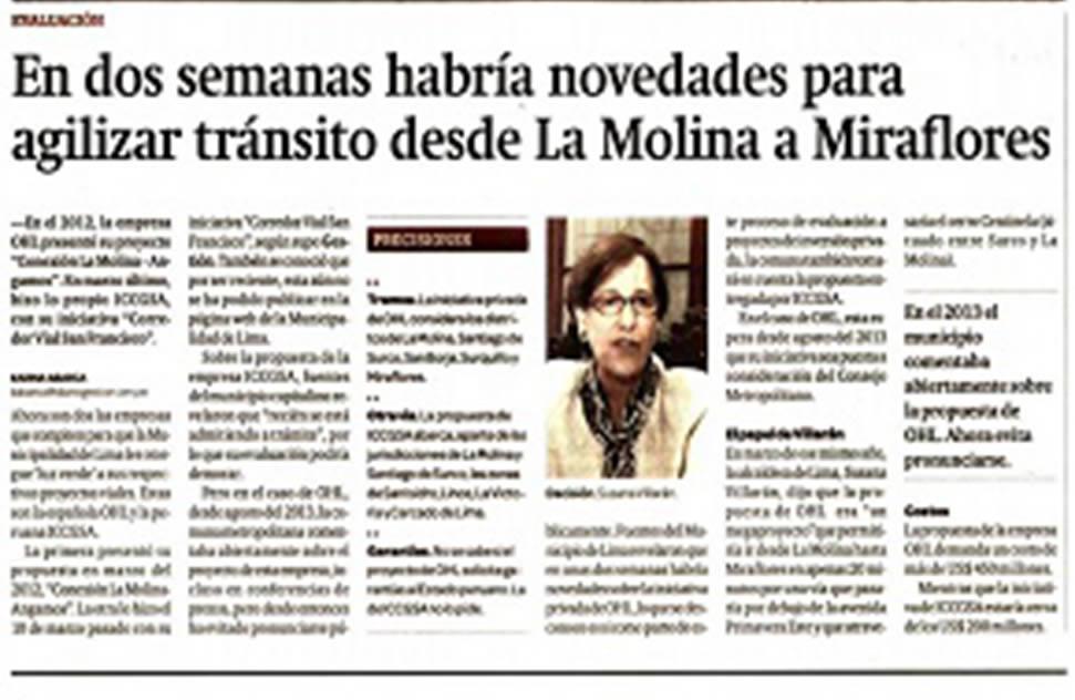 Transit from La Molina to Miraflores to be expedited in two weeks